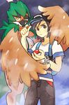  backpack bag baseball_cap black_hair black_hat bracelet decidueye gen_7_pokemon hat highres holding holding_poke_ball jewelry poke_ball pokemon pokemon_(creature) pokemon_(game) pokemon_sm shirt short_hair siroromo snowing striped striped_shirt t-shirt you_(pokemon) z-ring 