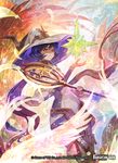  1girl bare_shoulders collar copyright_name crystal dress force_of_will hat lack long_hair mage official_art purple_hair red_eyes short_dress solo staff thighhighs very_long_hair wings witch_hat 