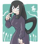  1girl absurdres asui_tsuyu black_eyes blue_background blush_stickers boku_no_hero_academia border breasts cosplay dress female friend-san green_hair hand_up hex_maniac_(pokemon) hex_maniac_(pokemon)_(cosplay) long_hair long_sleeves looking_at_viewer medium_breasts pokemon pokemon_(game) pokemon_xy purple_dress simple_background solo standing turtleneck turtleneck_dress two-tone_background white_border 