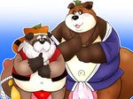  2008 anthro balls belly blush clothed clothing duo fundoshi hat japanese_clothing male mammal norataro one_eye_closed overweight overweight_male tanuki underwear wink 