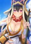  arm_guards bangs bare_shoulders beads bikini bikini_under_clothes black_hair blue_sky blush bow breasts cleavage day earrings eyebrows_visible_through_hair fate/grand_order fate_(series) gourd grin hat holding holding_staff hoop_earrings jewelry large_breasts long_hair looking_at_viewer open_mouth outdoors pink_eyes prayer_beads purple_hat ring shakujou sky sleeveless smile solo staff swimsuit taiki_ken teeth very_long_hair white_bikini xuanzang_(fate/grand_order) 