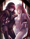  bangs blunt_bangs bodysuit breasts citemer cleavage contrast covered_navel cowboy_shot fate/grand_order fate_(series) gloves hair_intakes highres lifted_by_self long_hair looking_at_viewer md5_mismatch medb_(fate)_(all) medb_(fate/grand_order) medium_breasts miniskirt multiple_girls navel pantyhose parted_lips pauldrons pink_hair purple_bodysuit purple_hair red_eyes scathach_(fate)_(all) scathach_(fate/grand_order) skirt skirt_lift smile stomach tiara veil white_gloves yellow_eyes 