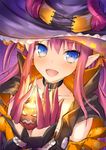  :d alternate_costume black_choker blue_eyes blush candle choker collarbone detached_sleeves earrings elizabeth_bathory_(fate) elizabeth_bathory_(fate)_(all) elizabeth_bathory_(halloween)_(fate) eyebrows_visible_through_hair fangs fate/extra fate/extra_ccc fate/grand_order fate_(series) food_themed_earrings halloween_costume hat holding horns_through_headwear jack-o'-lantern jewelry long_hair long_sleeves open_mouth pendant pink_hair pointy_ears pumpkin pumpkin_earrings purple_hat sidelocks smile solo star star_print taiki_ken upper_body witch_hat 