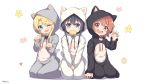  3girls :d ;d animal_costume animal_ears animal_hood bangs between_legs black_hair blonde_hair blue_eyes blush bread brown_hair cat_costume cat_ears cat_hood claw_pose commentary_request dated eyebrows_visible_through_hair food food_in_mouth green_eyes hair_between_eyes hand_between_legs hand_up head_tilt heart highres himesaka_noa hood hood_up hoshino_hinata long_hair melon_bread mouth_hold multiple_girls neps-l one_eye_closed open_mouth paw_pose red_eyes seiza shirosaki_hana signature sitting smile star wariza watashi_ni_tenshi_ga_maiorita! white_background 