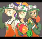  black_hair blonde_hair closed_eyes dark_skin dark_skinned_male gladio_(pokemon) gloves green_eyes green_hair hair_over_one_eye hat hau_(pokemon) multiple_boys pokemon pokemon_(game) pokemon_sm salmon_run short_hair short_ponytail siroromo smile splatoon_(series) splatoon_2 super_soaker you_(pokemon) 