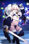 ahoge animal_ears arm_up artoria_pendragon_(all) bikini black_bikini blonde_hair boots bow breasts commentary earmuffs fake_animal_ears fate/grand_order fate_(series) fur-trimmed_boots fur_trim glasses gloves hood hooded_jacket hoodie i-pan jacket looking_at_viewer medium_breasts mysterious_heroine_x_(alter) navel off_shoulder open_clothes open_jacket open_mouth pom_pom_(clothes) rimless_eyewear sack short_hair side-tie_bikini solo swimsuit sword tail thigh_boots thighhighs weapon yellow_eyes 