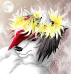  black_hair black_sclera canine fire fur gold_fire hair halo headshot inner_ear_fluff male mammal moon multicolored_hair neck_tuft razr_abyss red_eyes red_hair snow solo tuft white_fire white_fur wolf wolfymewmew 