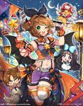  antenna_hair brown_hair card cardcaptor_sakura chibi daidouji_tomoyo gloves green_eyes halloween highres kero kinomoto_sakura li_xiaolang long_hair looking_at_viewer magical_girl navel short_hair smile werewolf white_gloves wings 