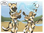  2017 4_fingers african_wild_dog anthro canine day detailed_background digital_media_(artwork) duo english_text female holding_object infinitedge2u male mammal outside standing text water 