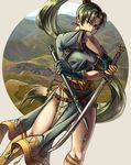  absurdres bangs beads boots breasts dress earrings fingerless_gloves fire_emblem fire_emblem:_rekka_no_ken gloves green_eyes green_hair high_ponytail highres holding holding_sheath holding_sword holding_weapon jewelry large_breasts long_hair lyndis_(fire_emblem) mountain mountainous_horizon nayuun_art ponytail sheath side_slit solo sword very_long_hair weapon 