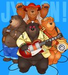  2008 anthro bear belly blue_background brown_fur clothing eyewear fur glasses guitar hat male mammal musical_instrument norataro overweight overweight_male pants shirt simple_background the_country_bears 