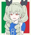 2018_fifa_world_cup anchovy bangs black_ribbon blue_shirt commentary crying crying_with_eyes_open drill_hair empty_eyes eyebrows_visible_through_hair flag_background flat_color girls_und_panzer green_hair hair_ribbon holding holding_hair italian_flag italy long_hair no_pupils open_mouth pas_(paxiti) red_eyes ribbon saliva shirt short_sleeves soccer soccer_uniform solo sportswear standing sweat tears twin_drills twintails upper_body world_cup 