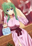  alternate_costume bag bangs bathrobe blue_eyes breasts closed_mouth commentary_request dutch_angle eyebrows_visible_through_hair fence fule green_hair hair_up highres holding kochiya_sanae large_breasts long_hair looking_at_viewer onsen outdoors ponytail sash sidelocks sleeves_rolled_up smile solo striped touhou 
