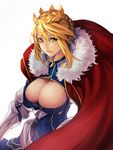  absurdres armor artoria_pendragon_(all) artoria_pendragon_(lancer) blonde_hair braid breasts cape cleavage_cutout crown fate/grand_order fate_(series) gauntlets green_eyes highres large_breasts looking_at_viewer red_cape simple_background smile snowcat. solo upper_body 