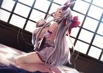  bare_shoulders breasts commentary fate/grand_order fate_(series) horns indoors large_breasts long_hair masturbation nakatokung open_mouth orange_eyes solo tomoe_gozen_(fate/grand_order) unaligned_breasts very_long_hair white_hair 