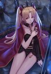  bangs bare_legs black_dress black_panties blonde_hair bow cape closed_mouth detached_collar dress earrings ereshkigal_(fate/grand_order) fate/grand_order fate_(series) feet_out_of_frame fingernails hair_bow hairband hand_on_own_chest jacky5493 jewelry legs_together long_hair looking_at_viewer nail_polish orange_eyes panties red_bow red_cape single_sleeve sitting skull solo twintails underwear 