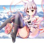  above_clouds absurdres albino alternate_costume animal_ears bangs black_legwear black_panties blue_sky closed_mouth cloud day detached_sleeves eyebrows eyebrows_visible_through_hair frown garyljq geta highres inubashiri_momiji looking_at_viewer miniskirt no_hat no_headwear outdoors panties pantyshot paw_print pom_pom_(clothes) red_eyes revision ribbon shoes_removed short_hair silver_hair skirt sky solo tail thighhighs touhou underwear upskirt wolf_ears wolf_tail 