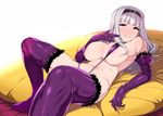  areola_slip areolae bikini breasts elbow_gloves fur-trimmed_gloves fur-trimmed_legwear fur_trim gloves grin hairband hidebou idolmaster idolmaster_(classic) large_breasts long_hair lying navel pillow purple_bikini purple_eyes purple_gloves purple_hairband purple_legwear shijou_takane silver_hair slingshot_swimsuit smile solo strap_gap swimsuit thighhighs 