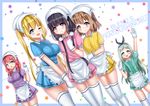  4girls ;d absurdres amano_miu black_hair blend_s blonde_hair blue_eyes brown_hair gloves hair_ribbon hairband headband highres hinata_kaho hoshikawa_mafuyu kanzaki_hideri katou_shinobu looking_at_viewer multiple_girls one_eye_closed open_mouth otoko_no_ko purple_eyes red_eyes ribbon sakuranomiya_maika simple_background skirt smile stile_uniform uniform waitress 