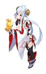  ahoge animal black_legwear boots breasts bridal_gauntlets cleavage cleavage_cutout floating_hair full_body hair_between_eyes hair_ornament highres holding kyuusugi_toku leaning_forward long_hair looking_at_viewer matoi_(pso2) medium_breasts phantasy_star phantasy_star_online_2 red_eyes silver_hair simple_background solo standing thighhighs twintails very_long_hair white_background 