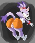  2017 anthro big_butt blaze_the_cat blush bracelet breasts bullet-blast-43 butt cat clothed clothing eyelashes feline female footwear forehead_gem fur hooters jewelry legwear looking_back mammal nipple_bulge nipples open_mouth purple_fur pussy rear_view shoes signature socks solo sonic_(series) yellow_eyes 