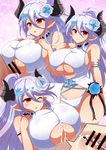  1girl afuro bar_censor bare_shoulders blue_hair breasts censored draph ejaculation_between_breasts flower granblue_fantasy hair_between_eyes hair_flower hair_ornament hetero horns huge_breasts izmir long_hair mole mole_under_mouth navel paizuri paizuri_under_clothes penis pointy_ears red_eyes underboob_cutout 