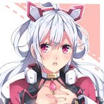  ahoge breasts cleavage collarbone floating_hair hair_between_eyes hairband jewelry long_hair looking_at_viewer matoi_(pso2) medium_breasts milkpanda necklace open_mouth phantasy_star phantasy_star_online_2 pink_eyes pink_hairband portrait silver_hair solo 