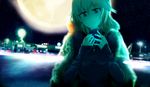 anastasia_(idolmaster) bloom blue_eyes blue_sweater blurry city_lights commentary_request cross cross_necklace depth_of_field earrings fur_coat glowing hands_on_own_chest hands_up highres huge_moon idolmaster idolmaster_cinderella_girls jewelry moon necklace sky sleeves_past_wrists snow solo star_(sky) starry_sky sweater white_hair yoshioka_yoshiko 