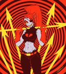 abstract_background alternate_universe anthro blue_skin breasts clothed clothing eye_patch eyewear female fish gloves grin hair long_hair looking_at_viewer marine melee_weapon muscular muscular_female polearm ponytail red_hair sem-l-grim smile solo spear standing underfell undertale undyne video_games weapon yellow_eyes 