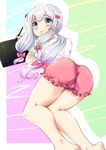  1girl artist_request ass bare_legs blue_eyes blush bow closed_mouth eromanga_sensei eyebrows_visible_through_hair female hair_bow holding izumi_sagiri long_hair looking_at_viewer low-tied_long_hair lying on_side pajamas pink_bow pink_pajamas sidelocks silver_hair solo stylus tablet 