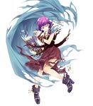  bangs bare_shoulders book cape clenched_teeth collarbone dress fire_emblem fire_emblem:_seima_no_kouseki fire_emblem_heroes full_body highres holding holding_book jewelry long_hair looking_away lute_(fire_emblem) necklace official_art one_eye_closed purple_eyes purple_hair seo_kouji shoes sleeveless solo teeth torn_cape torn_clothes transparent_background 