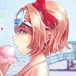  bare_shoulders beach blue_eyes blurry blurry_background bow brown_hair collarbone commentary doki_doki_literature_club ear_clip earrings eating english_commentary eyebrows_visible_through_hair eyewear_on_head food hair_bow hannah_santos heart highres ice_cream jewelry looking_at_viewer looking_to_the_side multiple_earrings open_mouth pink_shirt portrait profile red_bow sayori_(doki_doki_literature_club) shirt short_hair solo teeth upper_teeth 