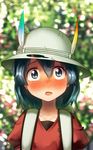  backpack bag black_eyes black_hair blurry blurry_background blush commentary_request depth_of_field hair_between_eyes hat hat_feather helmet highres kaban_(kemono_friends) kemono_friends looking_at_viewer open_mouth outdoors pith_helmet red_shirt shirt short_hair solo sweat upper_body wavy_hair welt_(kinsei_koutenkyoku) 