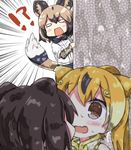  3girls @_@ african_wild_dog_(kemono_friends) animal_ears aozakana_(aozakana_tw) bear_ears blonde_hair blush brown_bear_(kemono_friends) brown_eyes brown_hair commentary_request dog_ears dog_tail elbow_gloves emphasis_lines gloves golden_snub-nosed_monkey_(kemono_friends) kemono_friends long_hair monkey_ears multicolored_hair multiple_girls open_mouth short_hair sweat tail teardrop wavy_mouth wide-eyed wide_oval_eyes 