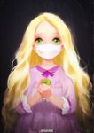  animal blonde_hair commentary dress green_eyes highres holding holding_animal lin_yl_deng long_hair looking_at_viewer mask purple_dress rapunzel_(disney) solo strabismus surgical_mask tangled very_long_hair white_mask 
