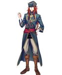  bandages boots coin fire_emblem fire_emblem:_seima_no_kouseki fire_emblem_heroes fujiwara_ryo full_body hand_on_hip hat highres joshua_(fire_emblem) knee_boots long_hair looking_at_viewer male_focus official_art pants red_eyes red_hair smile solo standing sword transparent_background weapon 