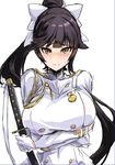  azur_lane blush bow breasts commentary_request gloves hair_bow large_breasts long_hair looking_at_viewer military military_uniform ponytail self_hug sketch sword takao_(azur_lane) tooya_daisuke uniform upper_body weapon 