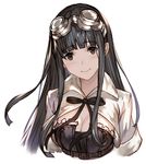  bangs black_eyes black_hair blunt_bangs blush breasts cleavage closed_mouth commentary_request goggles goggles_on_head granblue_fantasy jessica_(granblue_fantasy) lialight long_hair looking_at_viewer medium_breasts sidelocks smile solo upper_body 