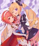  armor blonde_hair blush elise_(fire_emblem_if) fire_emblem fire_emblem_if gloves hair_ornament hairband japanese_clothes long_hair looking_at_viewer multiple_girls open_mouth pink_hair red_eyes red_hair sakura_(fire_emblem_if) short_hair smile transistor 