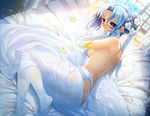  arm_support ass bedroom blue_eyes blue_hair breasts day elbow_gloves flower gloves hair_flower hair_ornament hair_ribbon hand_in_hair indoors long_skirt looking_at_viewer ludmila_lourie lying madan_no_ou_to_vanadis medium_breasts ocean on_side petals ribbon short_hair sideboob skirt solo topless wet wet_clothes wet_skirt white_flower white_gloves white_legwear white_ribbon white_skirt 