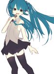  absurdres aqua_eyes aqua_hair black_legwear cowboy_shot hatsune_miku highres long_hair looking_at_viewer microphone necktie no_detached_sleeves open_mouth riuichi simple_background skirt sleeveless smile solo thighhighs twintails very_long_hair vocaloid white_background 