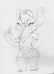  2016 3_toes 4_fingers alien chamille cheek_tuft chest_tuft claws clothing disney experiment_(species) eyelashes facial_piercing fan_character female freckles greyscale hand_on_hip head_tuft hi_res holding_object lilo_and_stitch looking_at_viewer monochrome notched_ear nurse nurse_uniform pencil_(artwork) piercing pose simple_background smile solo solosandwich stethoscope toes traditional_media_(artwork) tuft uniform white_background white_pupils 