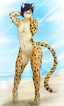  2015 anthro black_hair cheetah cuntboy feline fur hair intersex mammal orange_fur pink_pussy pussy simple_background solo spots standing tyroo white_fur 