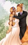  anthro canine clothing couple_(disambiguation) cute dog dress female flower fox hug hybrid kissing male male/female mammal married one_piece plant rodenbeard romantic_couple suit wanda_(one_piece) wedding_dress 