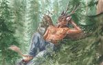  2011 anthro antlers brown_fur cervine clothed clothing day deer detailed_background fur hooves horn male mammal outside smile solo topless traditional_media_(artwork) tree ts-cat 