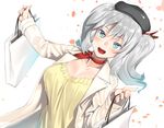  :d bag beret blue_eyes breasts collarbone eyebrows_visible_through_hair h_kasei hat holding jacket kantai_collection kashima_(kantai_collection) kerchief large_breasts long_hair long_sleeves open_clothes open_jacket open_mouth shopping_bag silver_hair smile solo two_side_up white_background white_jacket 