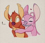  ! &lt;3 ... 4_fingers alien angel_(lilo_and_stitch) antennae awkward blush chest_tuft claws countershading digital_drawing_(artwork) digital_media_(artwork) disney duo ears_up experiment_(species) experiment_627 fangs fur head_tuft hug lilo_and_stitch looking_aside looking_at_another notched_ear open_mouth open_smile pink_fur purple_eyes purple_nose purple_tongue red_fur simple_background smile solosandwich squint surprise tan_countershading textured_background tuft 
