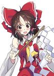  ascot bare_shoulders bow brown_eyes brown_hair commentary_request detached_sleeves gohei hair_bow hair_tubes hakurei_reimu hanasaki_mahiru looking_at_viewer open_mouth red_bow short_hair solo touhou wide_sleeves yellow_neckwear 
