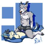  anthro antlers blue_eyes blush bulge cervine clothed clothing deer dragon frottage grinding hair horn male male/male mammal nipples scalie sex tongue topless underwear ventkazemaru wunder 