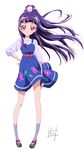  blue_dress bow dress floating_hair floral_print full_body grey_legwear grey_shirt hair_ornament hand_on_hip high_ponytail highres izayoi_liko long_hair looking_at_viewer mahou_girls_precure! mary_janes nii_manabu pinafore_dress precure purple_eyes purple_hair red_bow shirt shoes short_dress signature simple_background sleeveless sleeveless_dress smile solo standing very_long_hair white_background 
